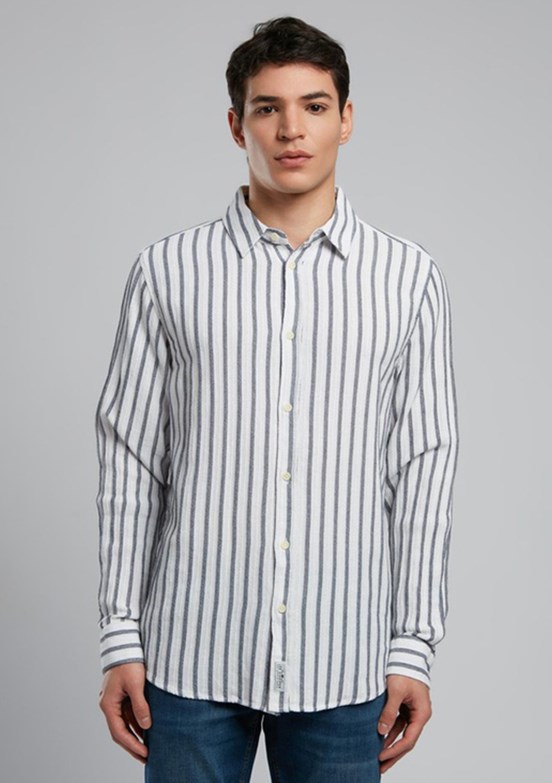 LEE COOPER Olezka Ekru Lacivert Erkek Uzun Kol Dokuma Gömlek