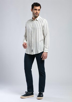 LEE COOPER Ekru Lacivert Fane Erkek Uzun Kollu Dokuma Gömlek