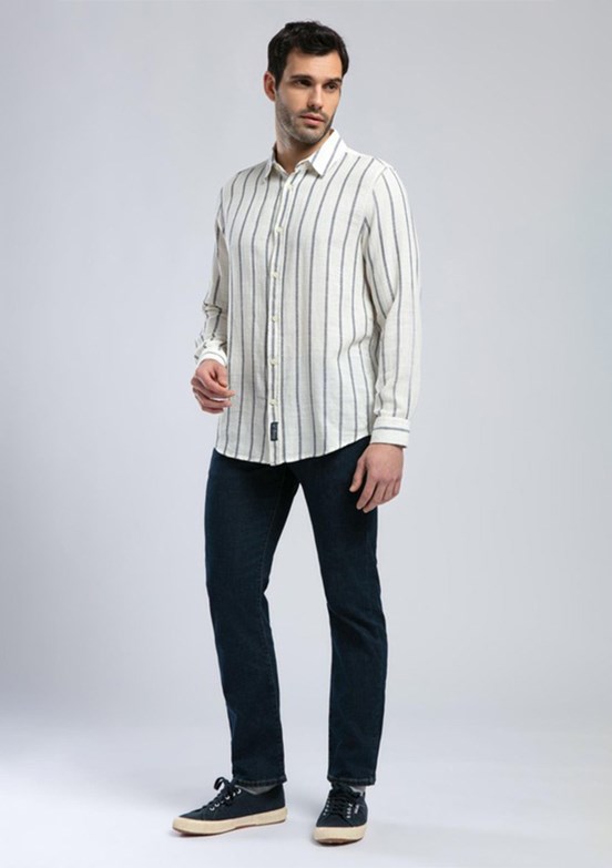 LEE COOPER Ekru Lacivert Fane Erkek Uzun Kollu Dokuma Gömlek