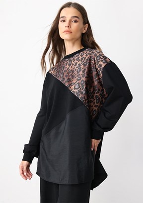 MİCCA Siyah Kadın Leopar Desenli Kap Tunik