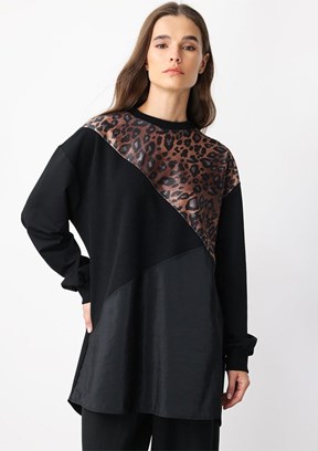 MİCCA Siyah Kadın Leopar Desenli Kap Tunik
