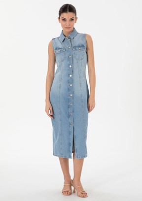 PİERRE CARDİN - Kadın Mavi Denim Elbise