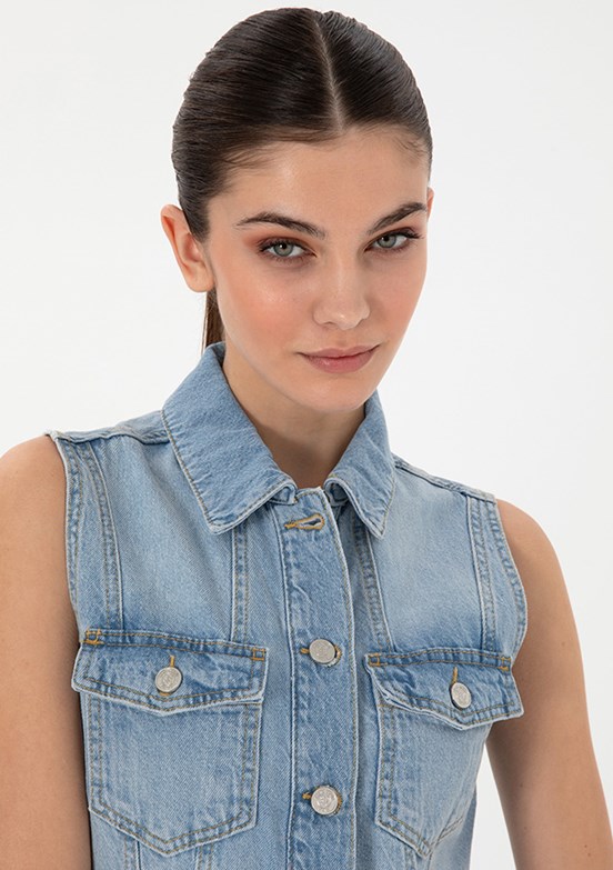 PİERRE CARDİN - Kadın Mavi Denim Elbise