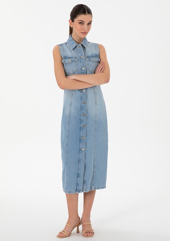 PİERRE CARDİN - Kadın Mavi Denim Elbise