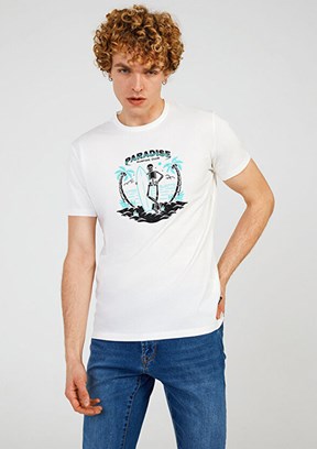 THE CROW Paradise - TC7120 Erkek Beyaz Baskılı T-Shirt