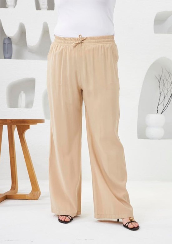 RMG Krem Kadın Beli Lastikli Geniş Paça Pantolon