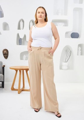RMG Krem Kadın Beli Lastikli Geniş Paça Pantolon