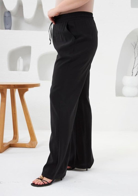 RMG Siyah Kadın Beli Lastikli Geniş Paça Pantolon