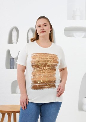 RMG Ekru Kadın Çiçek Deseni Baskılı T-shirt