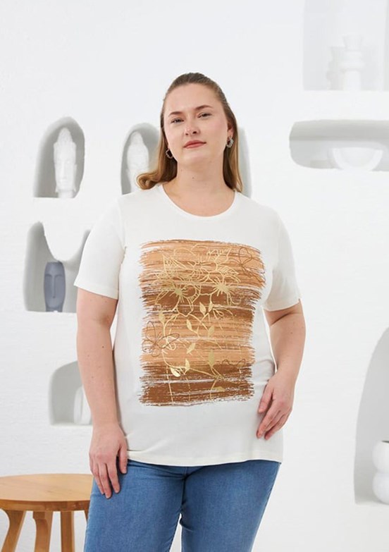 RMG Ekru Kadın Çiçek Deseni Baskılı T-shirt