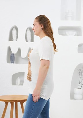 RMG Ekru Kadın Çiçek Deseni Baskılı T-shirt