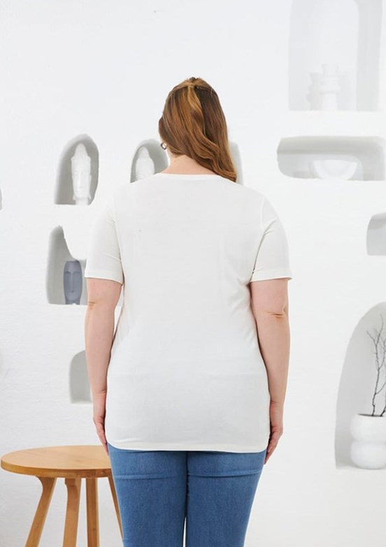 RMG Ekru Kadın Çiçek Deseni Baskılı T-shirt