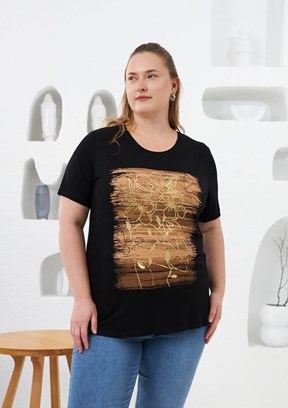 RMG Siyah Kadın Çiçek Deseni Baskılı T-shirt