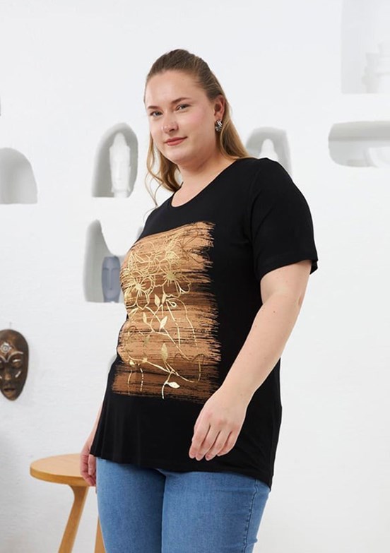 RMG Siyah Kadın Çiçek Deseni Baskılı T-shirt