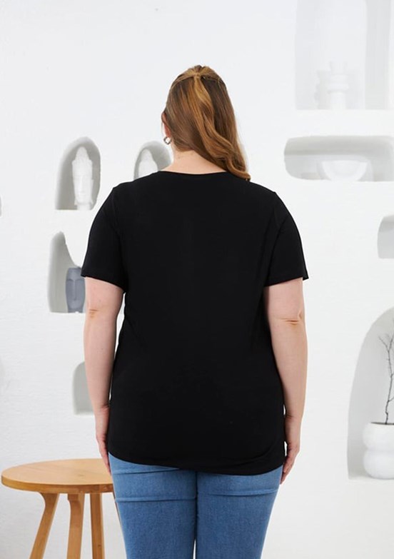 RMG Siyah Kadın Çiçek Deseni Baskılı T-shirt