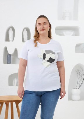 RMG Beyaz Kadın Çiçek Desenli Baskılı T-shirt