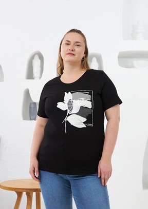 RMG Siyah Kadın Çiçek Desenli Baskılı T-shirt