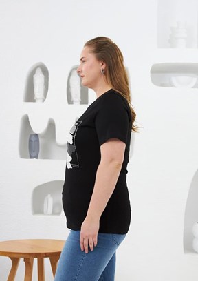 RMG Siyah Kadın Çiçek Desenli Baskılı T-shirt