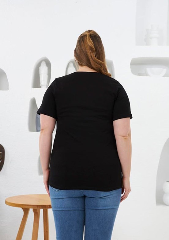 RMG Siyah Kadın Çiçek Desenli Baskılı T-shirt