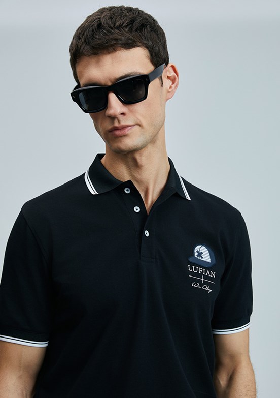 LUFIAN Siyah Erkek Polo Yaka T-Shirt