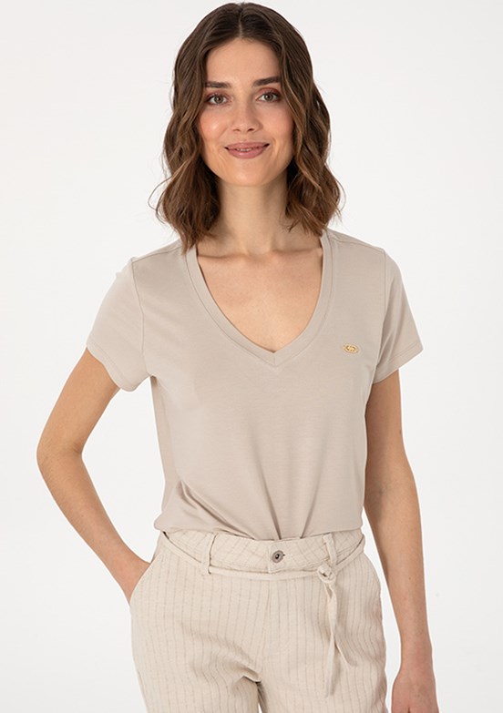 US POLO ASSN Bej Kadın Basic T-Shirt