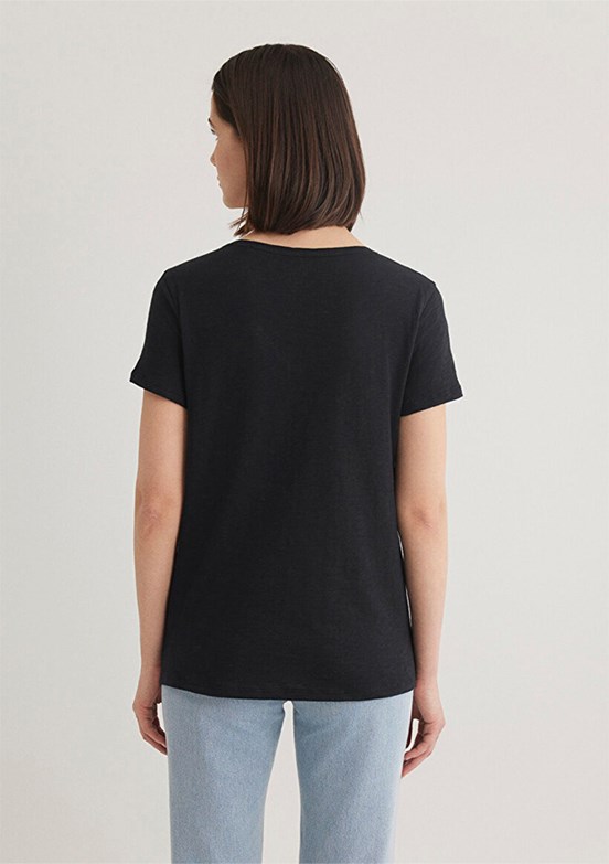 MAVİ V Yaka Flamlı Siyah Kadın Basic T-shirt