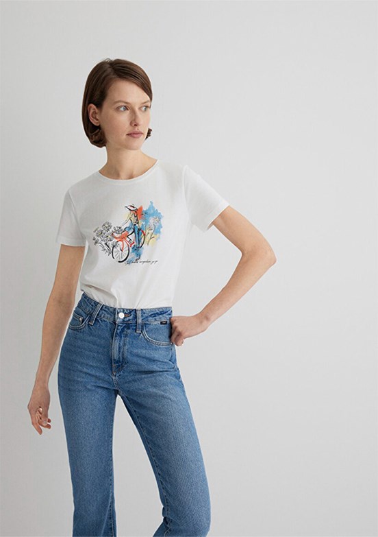 MAVİ Beyaz Kadın Bisiklet Baskılı T-shirt
