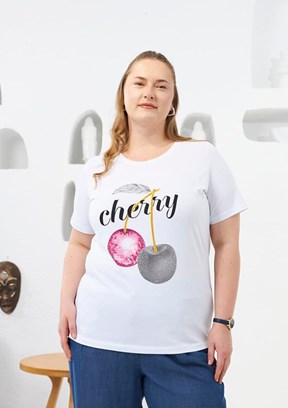 RMG Beyaz Kadın Taş İşlemeli Kiraz Desenli T-shirt