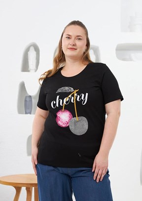 RMG Siyah Kadın Taş İşlemeli Kiraz Desenli T-shirt