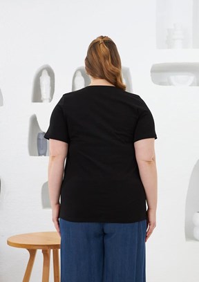 RMG Siyah Kadın Taş İşlemeli Kiraz Desenli T-shirt