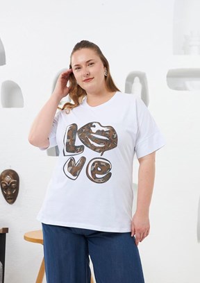 RMG Beyaz Kadın Love Taş Baskılı T-shirt