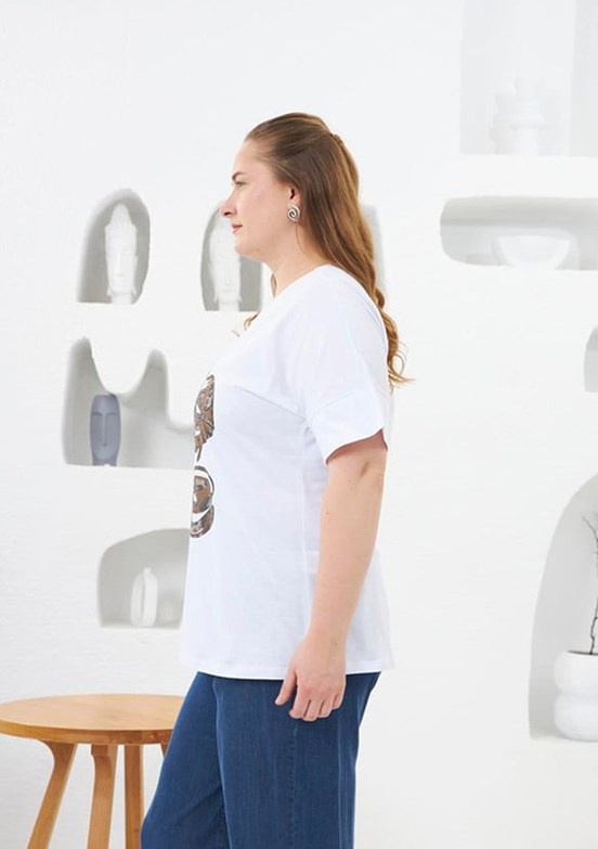 RMG Beyaz Kadın Love Taş Baskılı T-shirt