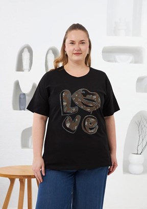 RMG Siyah Kadın Love Taş Baskılı T-shirt