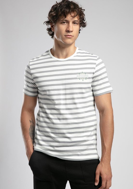 LEE COOPER Eddy Ekru Gri Çizgili Erkek O Yaka T-shirt