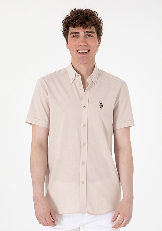 US POLO ASSN Bej Erkek Kısa Kol Gömlek