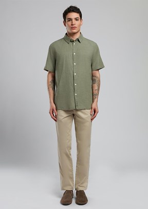 LEE COOPER Andre Haki Erkek Kısa Kol Dokuma Gömlek