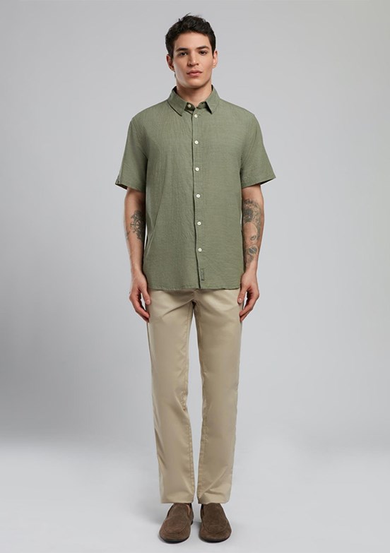 LEE COOPER Andre Haki Erkek Kısa Kol Dokuma Gömlek