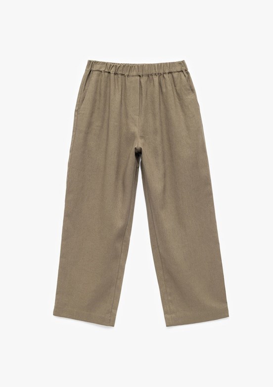 KOTON Haki Kadın Beli Lastikli Astarlı Cepli Bol Paça Keten Pantolon