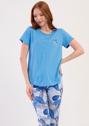 VİENETTA Mavi KadınKısa Kol Kaprili Pijama Takımı