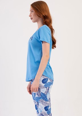 VİENETTA Mavi KadınKısa Kol Kaprili Pijama Takımı