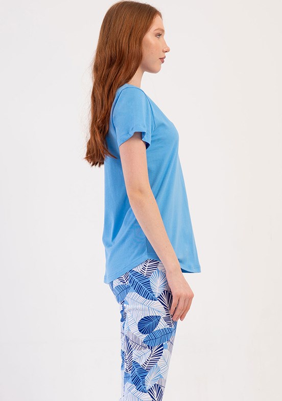 VİENETTA Mavi KadınKısa Kol Kaprili Pijama Takımı