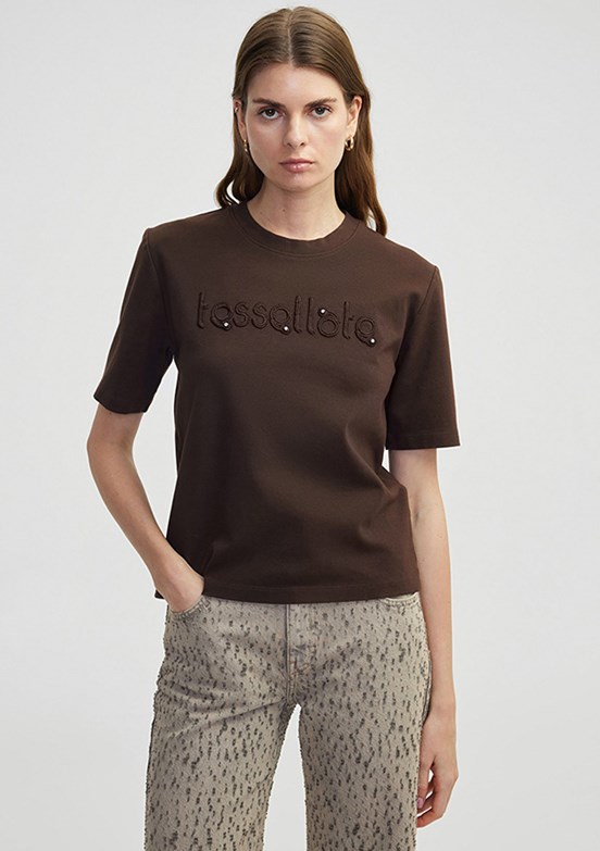 İPEKYOL Kahverengi Kadın Slogan Nakışlı Hotfix Baskılı T-shirt