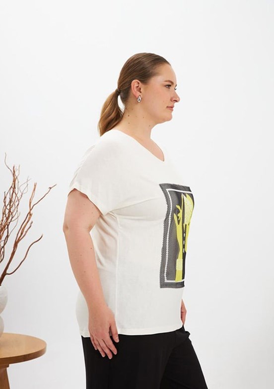 RMG Ekru Kadın File Detaylı T-shirt