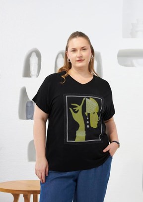 RMG Siyah Kadın File Detaylı T-shirt