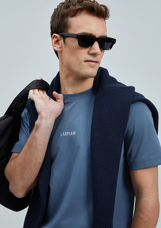 LUFİAN Mavi Erkek Baskılı T-Shirt