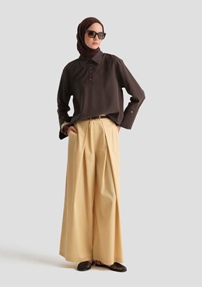 ARMİNE Kahverengi Kadın Polo Yaka Tencel Bluz
