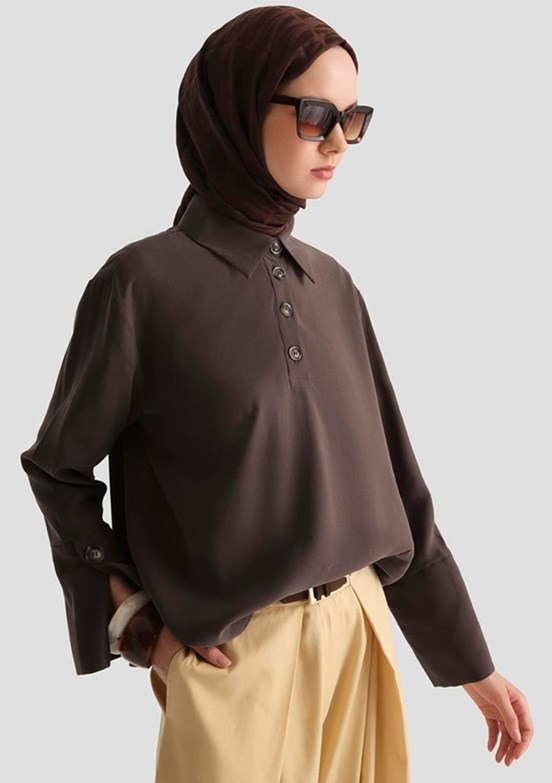 ARMİNE Kahverengi Kadın Polo Yaka Tencel Bluz