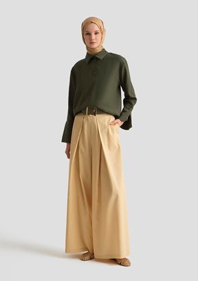 ARMİNE Haki Kadın Polo Yaka Tencel Bluz