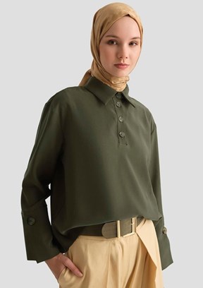 ARMİNE Haki Kadın Polo Yaka Tencel Bluz