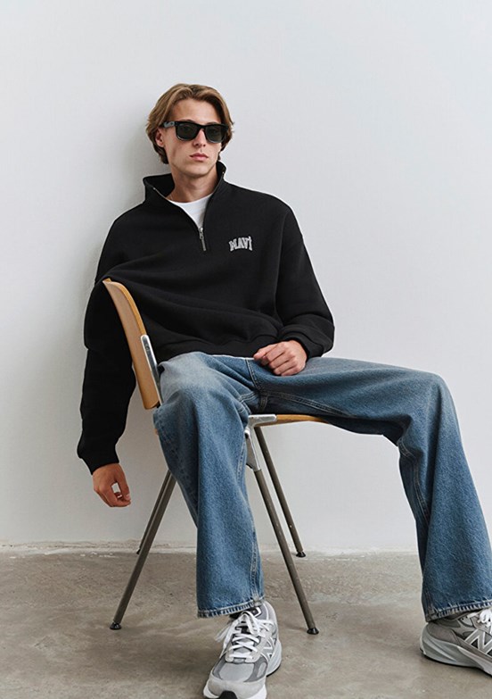 MAVİ Siyah Erkek Yarım Fermuarlı Baskılı Sweatshirt